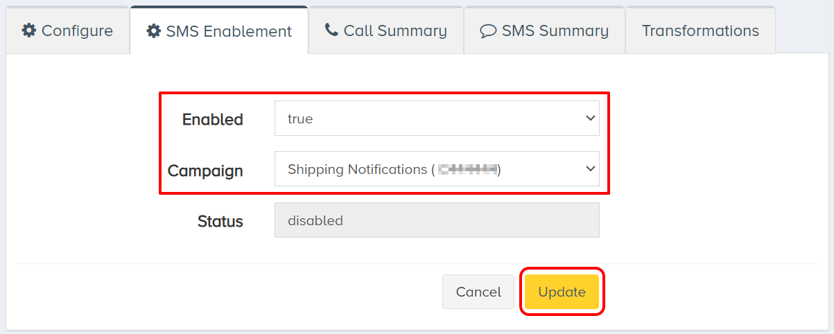 SMS enabled = true
